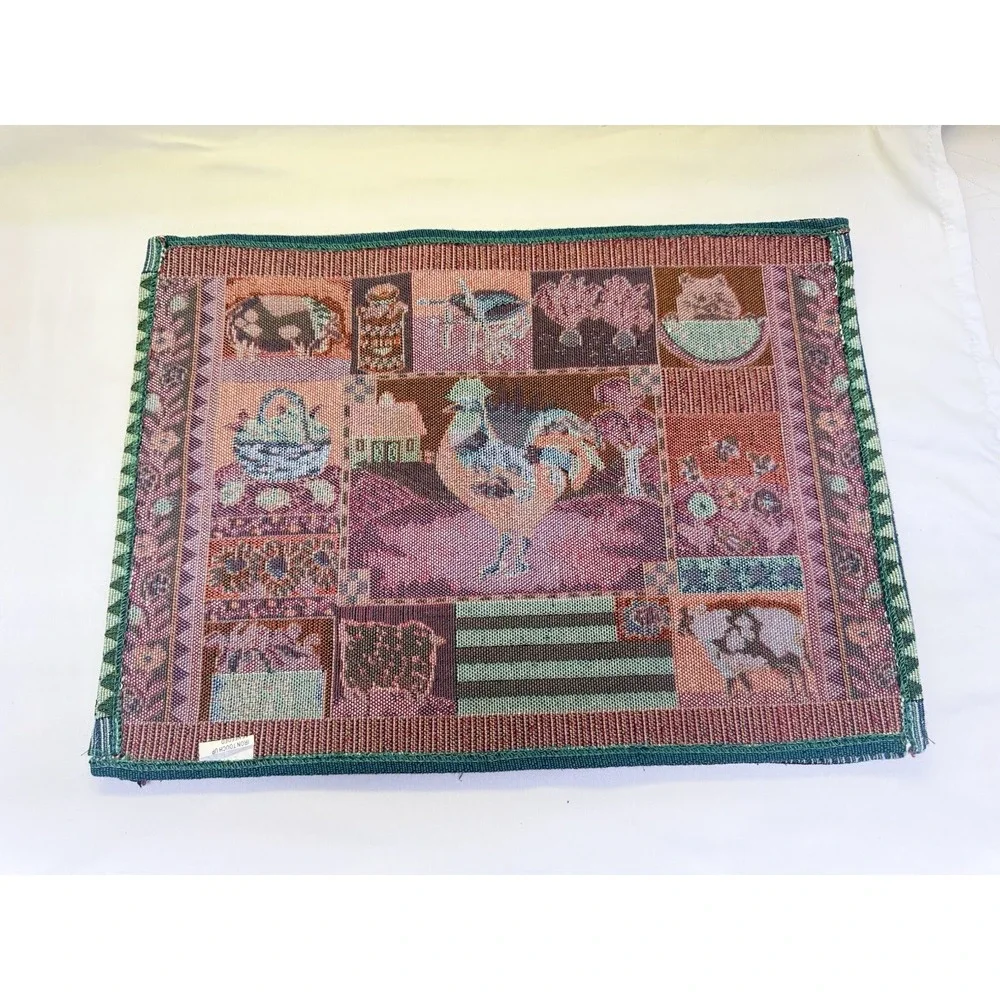 Hen Rooster Placemats Set Of 4 Woven Tapestry  & Large Table Runner 12